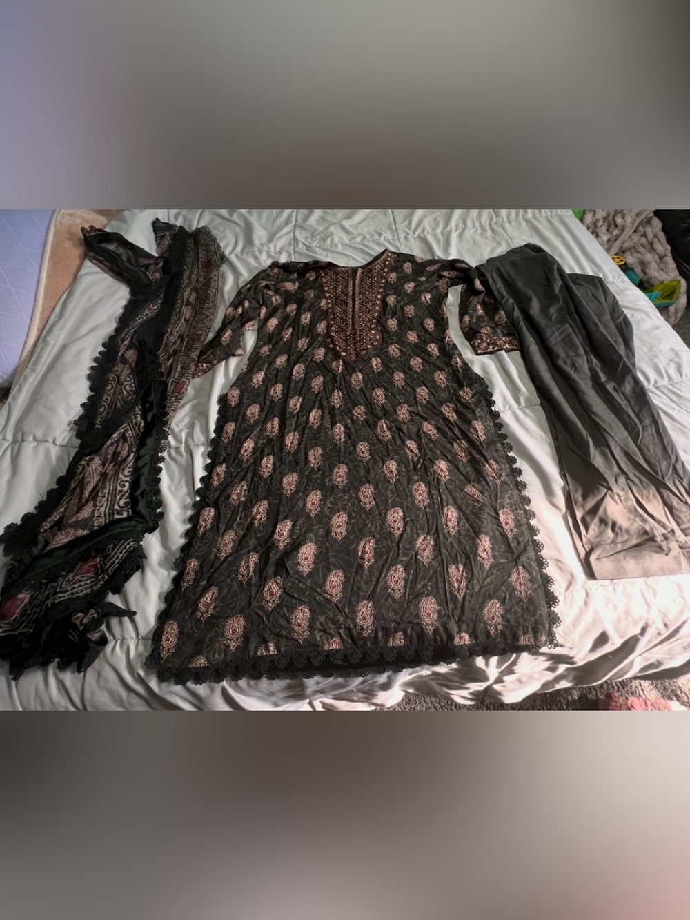 Black Printed Women’s Kurta Set with Pink Accents